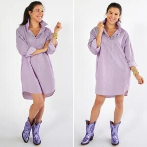 Caryn Lawn Preppy Gameday Purple Stripe Shirt Dress